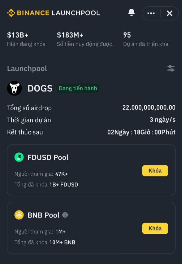 $DOGS Chính Thức Mở Farming
Allocation Launchpool: 22,000,000,000 DOGS (4% Tổng cung)
Stake $BNB hoặc $FDUSD
Thời gian Farming: 7H 23/08 - 06h59 25/08 (Giờ VN)

🔶 Anh em nào chưa có tài khoản Binance thì vào đây binance.info/activity/refer…