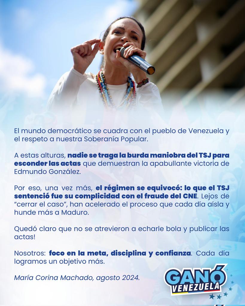VenteDDHH's tweet photo. El régimen se equivocó: lo que el TSJ sentenció fue su complicidad con el fraude del CNE. Lejos de “cerrar el caso”, han acelerado el proceso que cada día aísla y hunde más a Maduro.

‼️Nosotros: foco en la meta, disciplina y confianza. Cada día logramos un objetivo más. 🇻🇪 https://t.co/Mkt42wrjcC
