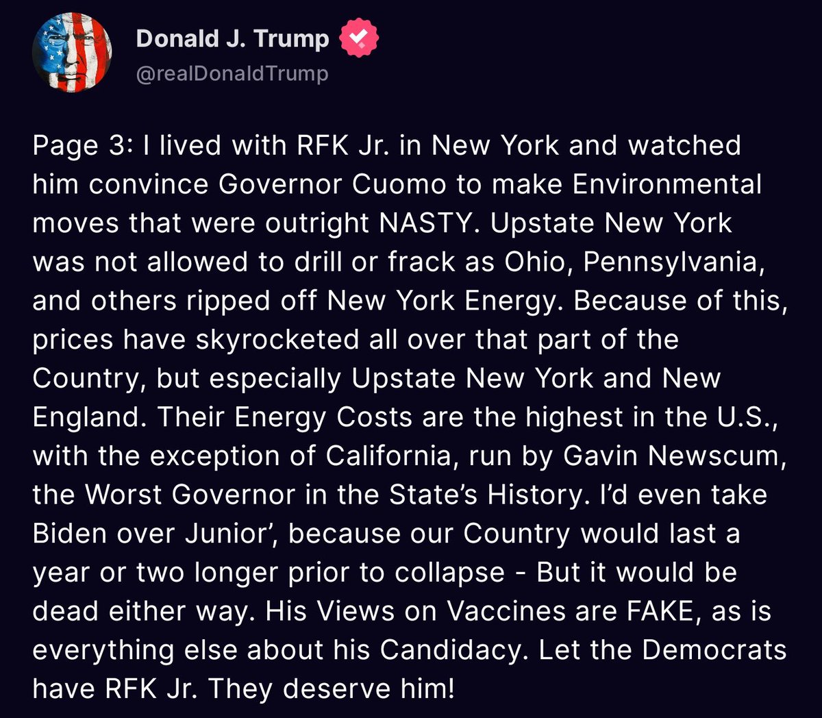 Trump on RFK Jr (April): “I’d even take Biden over Junior…His Views on Vaccines are FAKE, as is everything else about his Candidacy. Let the Democrats have RFK Jr. They deserve him!”