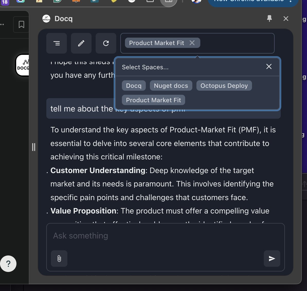 janaka_a's tweet photo. The improved version of the @docqai Chrome extension is coming along nicely. 

UI is powered by @chakra_ui. 

Creating that custom component for Space selection was 10x easier, faster, and more enjoyable to dev with Chakra (+ Copilot). https://t.co/x2QbjI5yHw