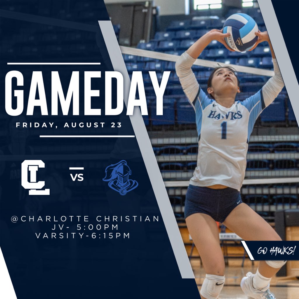 ITS GAME DAY! 🏐 The Hawks are on the road for the first conference game of the season as they take on the Knights of Charlotte Christian! 

JV- 5pm
VARSITY -6:15pm
