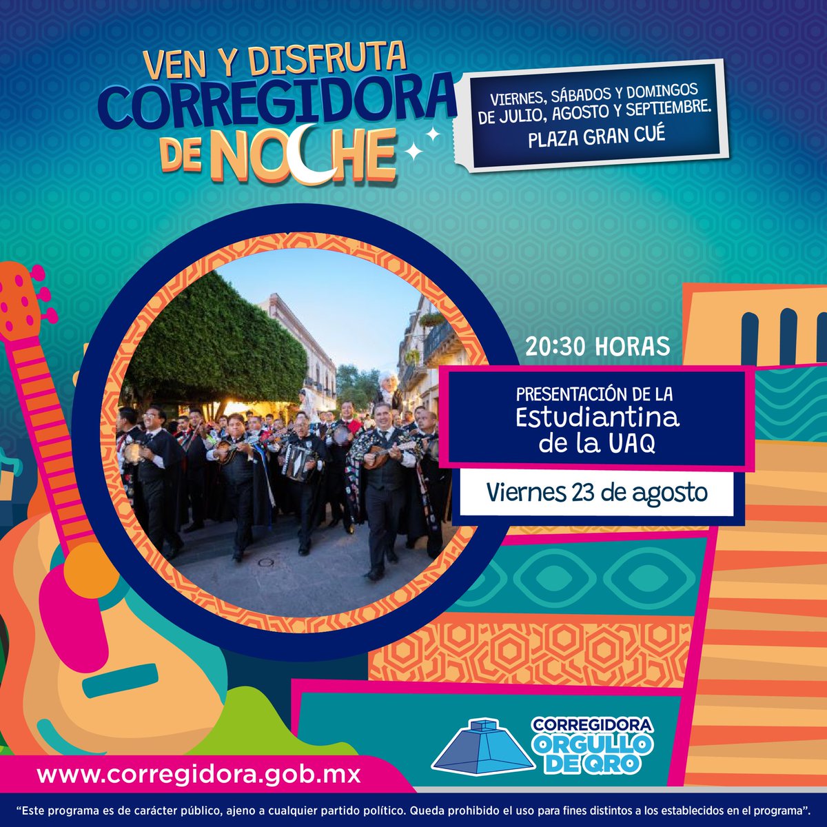 MpioCorregidora's tweet photo. Estas son las actividades que tendremos hoy y mañana en #CorregidoraDeNoche. Los esperamos a partir de las 19:00 horas en la explanada de la Plaza Gran Cué. ¡Vengan! y disfruten en familia. #Corregidora #OrgulloDeQro https://t.co/2W3zwvgC3F