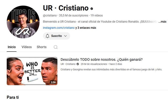 El canal oficial de Cristiano Ronaldo ha llegado a m&aacute;s de 35 millones de suscriptores en solo dos d&iacute;as<a href="/tag/cristianoronaldo"class="tags"><span>#cristianoronaldo</span></a><a href="/tag/cristiano"class="tags"><span>#cristiano</span></a><a href="/tag/cr7"class="tags"><span>#cr7</span></a>