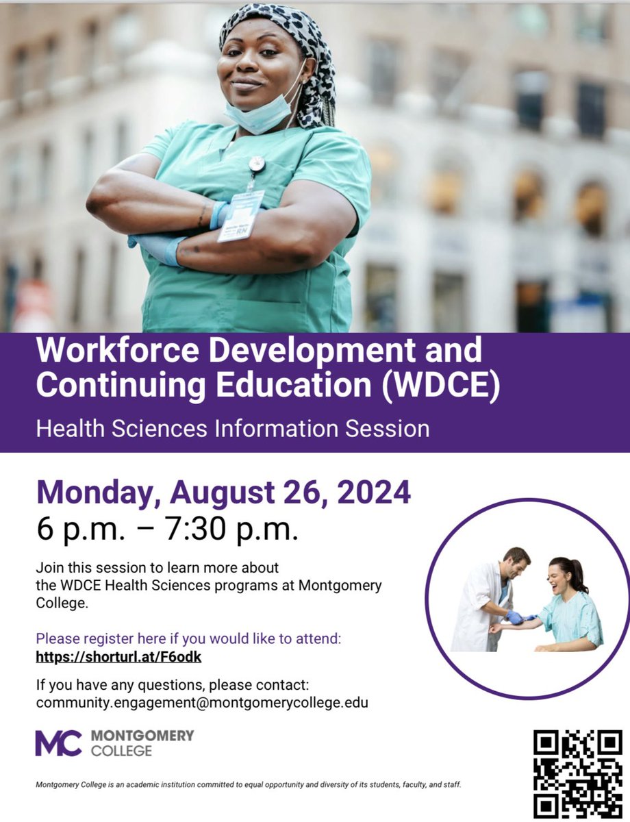 MCEngage's tweet photo. Are you interested in a career in health sciences? Join us next Monday, August 26 at 6 p.m. for a virtual information session to learn about Montgomery College’s Workforce Development and Continuing Education (WDCE) health sciences programs. Register here: https://t.co/O3bHTsB8xr https://t.co/QKpUQUMdLn