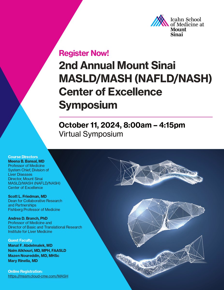 Mount Sinai Department of Medicine (@domsinainyc) on Twitter photo Join us for this insightful virtual symposium as leading experts in liver diseases come together to discuss the latest developments in #MASH (Metabolic Associated Steatohepatitis). 
Register here: bit.ly/46Zv6Ph
📅Friday, October 11, 2024 | 8:00 AM - 4:15 PM Join us for this insightful virtual symposium as leading experts in liver diseases come together to discuss the latest developments in #MASH (Metabolic Associated Steatohepatitis). 
Register here: bit.ly/46Zv6Ph
📅Friday, October 11, 2024 | 8:00 AM - 4:15 PM