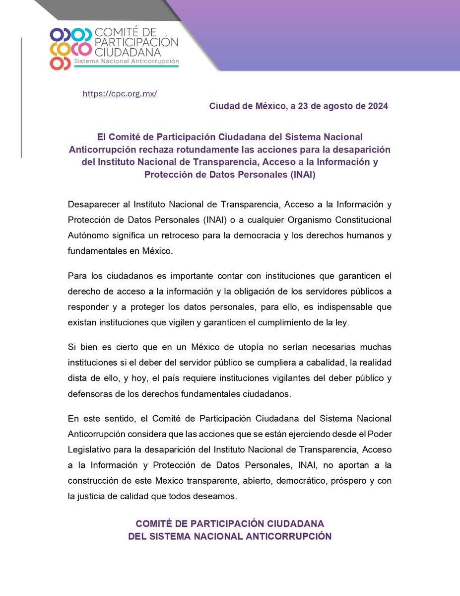 🔴Desde el Comité de Participación Ciudadana del Sistema Nacional Anticorrupción, rechazamos rotundamente las acciones para la desaparición del Instituto Nacional de Transparencia, Acceso a la Información y Protección de Datos Personales (INAI).