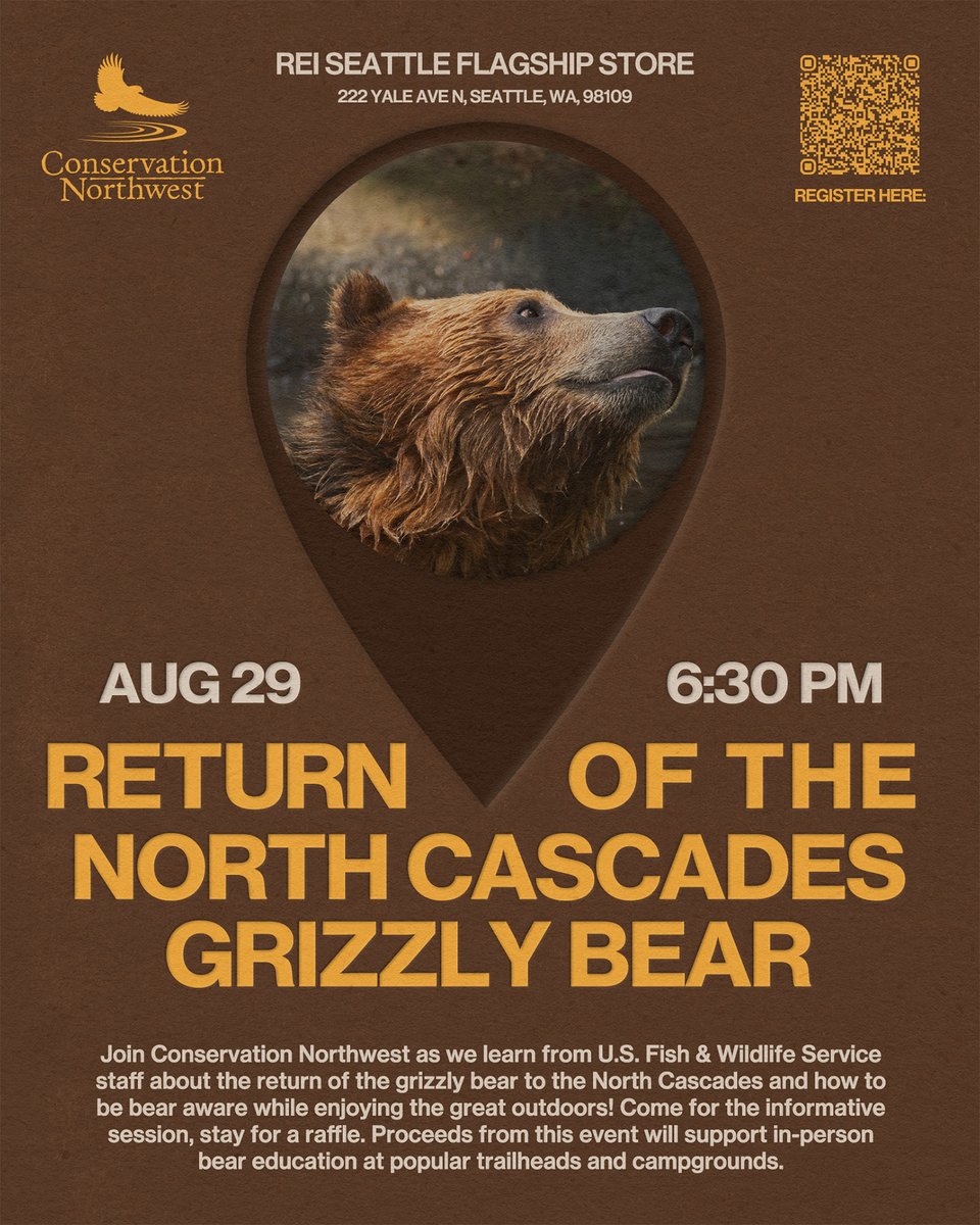 Join us Aug. 29th at REI Seattle as we learn from National Park Service and U.S. Fish and Wildlife Service about the return of the grizzly bear to the North Cascades and review how to be bear aware while enjoying the great outdoors + a raffle!🐻

RSVP: rei.com/events/banc/re…