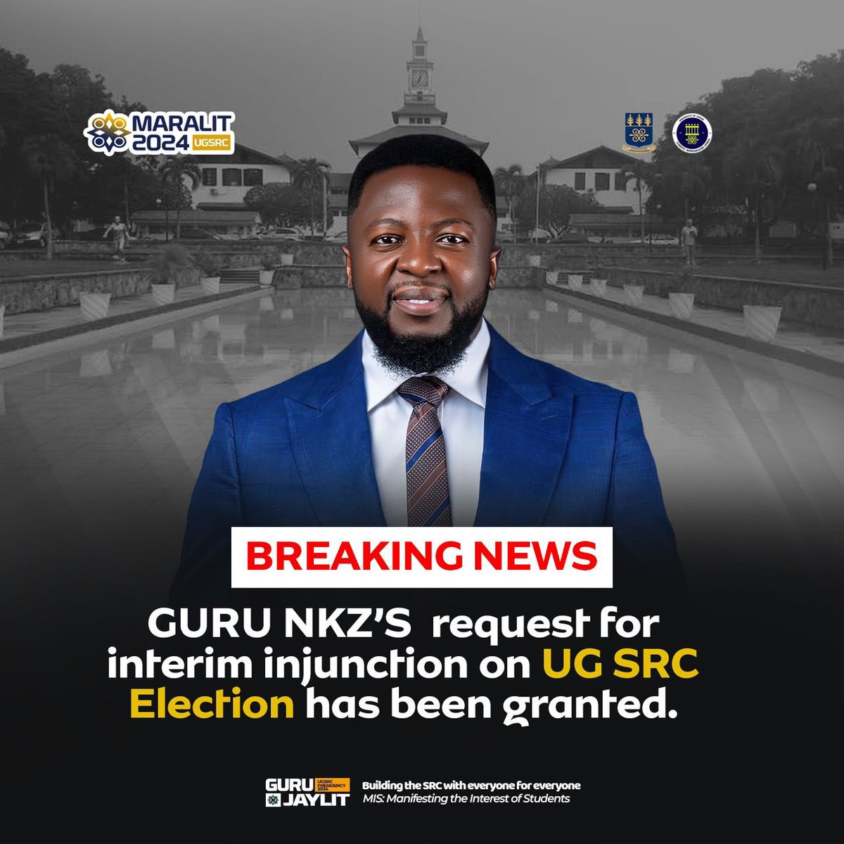 Mr_Laughtergh's tweet photo. Guru NKZ’s Request for interim injunction on UG SRC election has been granted #GURUnkz #UGElection #granted #Courtinjunction https://t.co/DzEsidmU5w