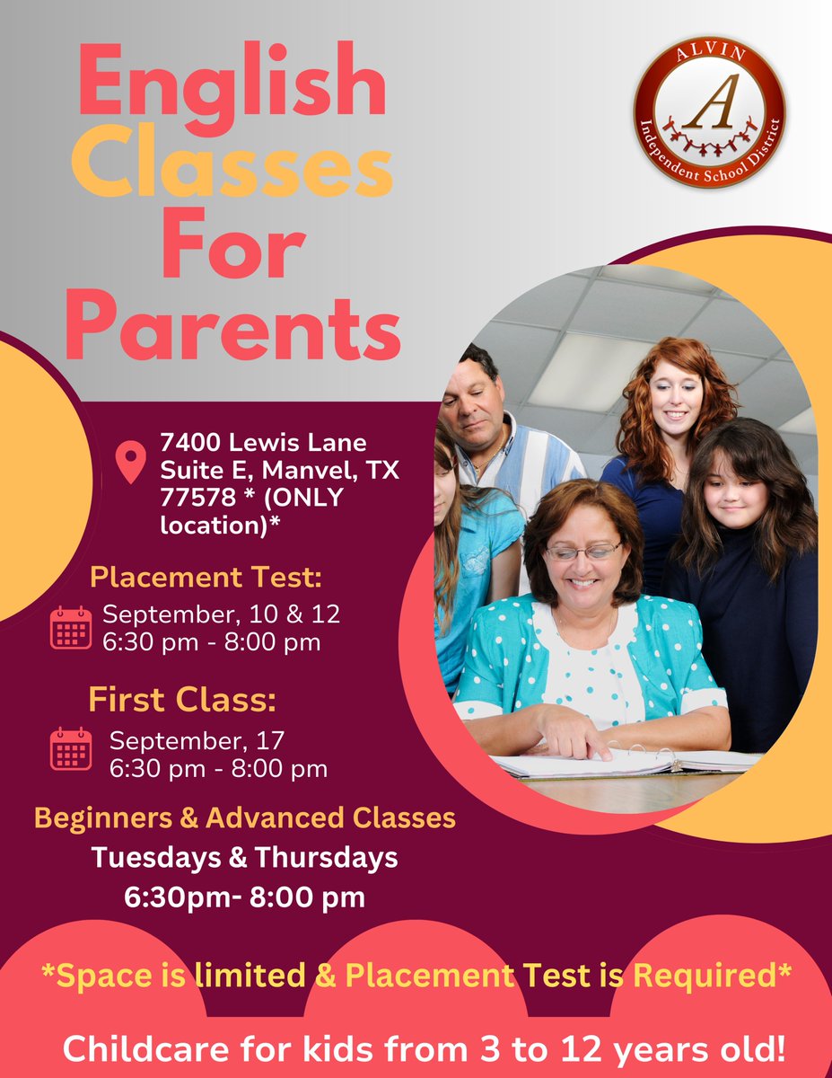The wait is over!!!! We are so excited to invite our ESL parents to the English Classes for Parents 24-25!! 
📍7400 Lewis Lane Suite E Manvel, TX 77578 
Placement Test:  September 10 &amp; 12 6:30-8:00pm 
First Class: September 17
 ** Placement test is required **