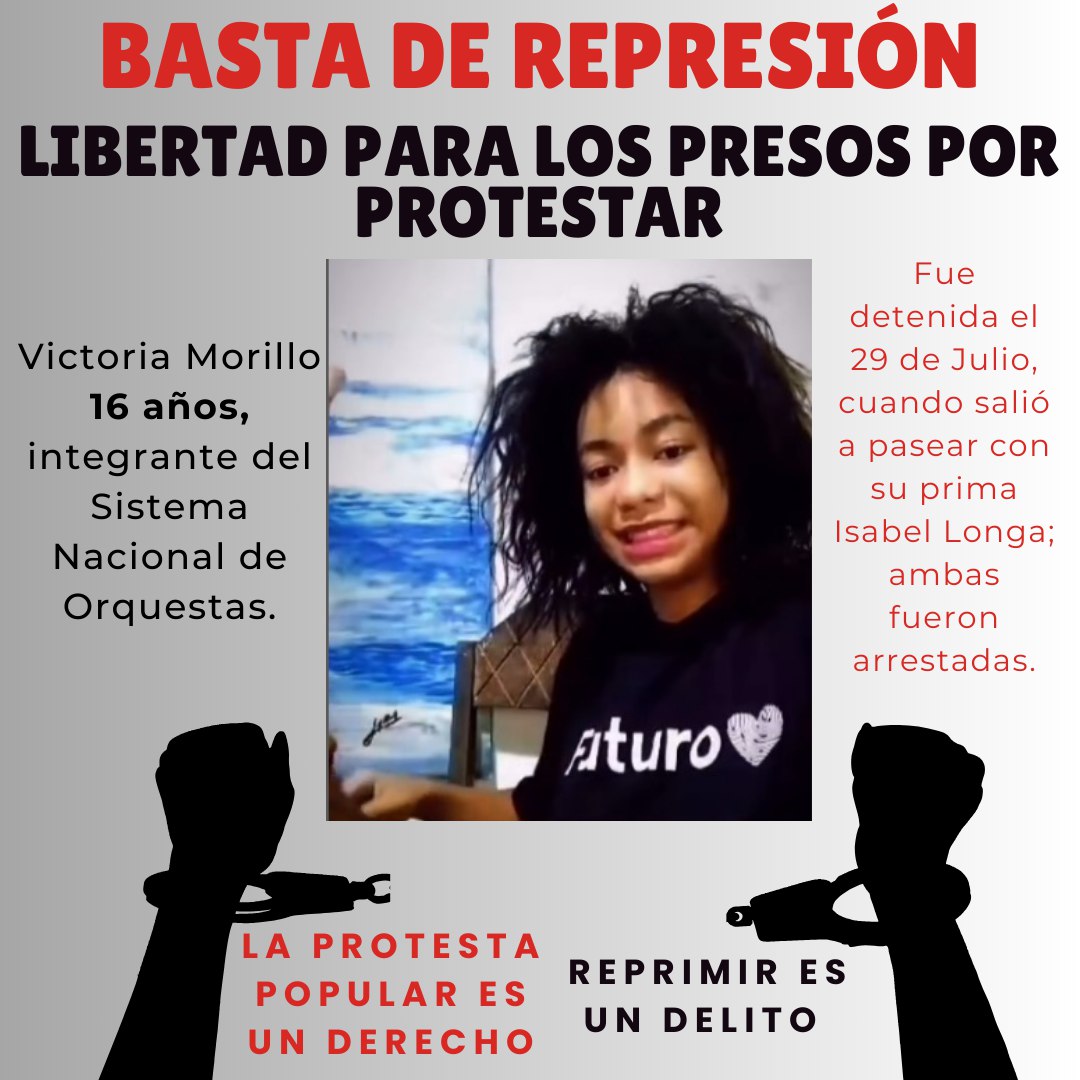Victoria tiene 16 años.  Mientras los hijos adolescentes de los altos funcionarios pasan este viernes en las mejores fiestas, Victoria está en una celda lejos de su familia  #LibertadParaLxsPresxsXProtestar