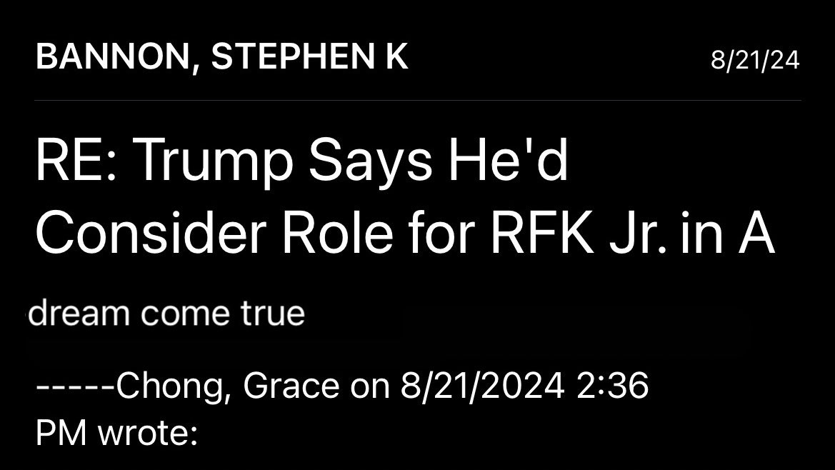 gc22gc's tweet photo. I emailed Steve Bannon at Danbury FCI about @RobertKennedyJr in @realDonaldTrump’s administration, and this is his response: “dream come true” https://t.co/Y8FUk4MaZ2