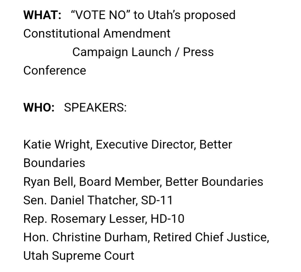 LindsayOnAir's tweet image. NEW: The campaigns are beginning over Utah's proposed constitutional amendment to give lawmakers power to change initiatives.
@BBforUT (who ran the redistricting initiative) has announced they'll kick off their opposition campaign on Monday joined by R @SenThatcher, D…