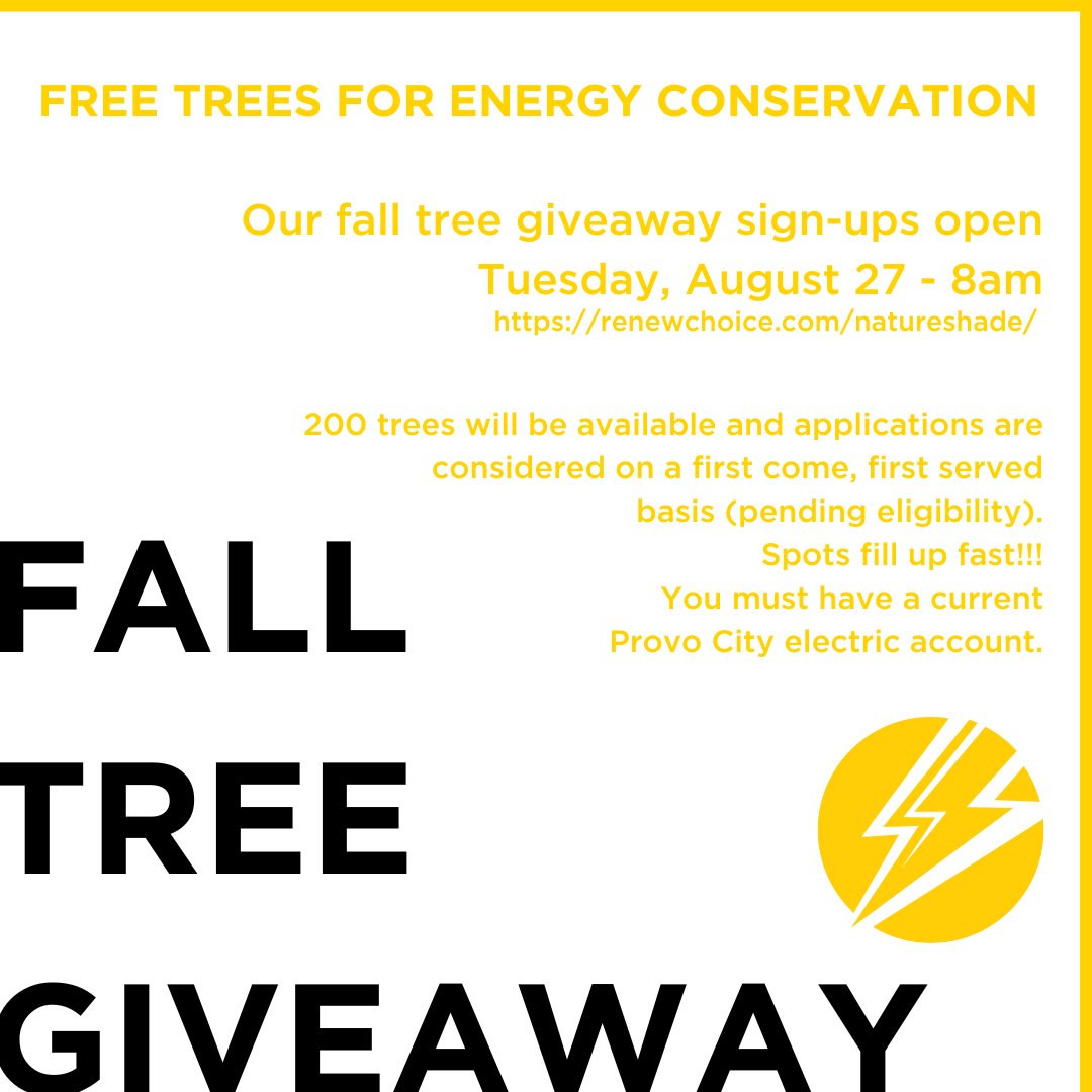 ProvoPower's tweet image. Don&apos;t miss your chance to sign up for a free shade tree!  Sign-ups - Tues., Aug. 27, 8am.  Applications are considered on a first come, first served basis (pending approval).  Once you have registered watch for more information from RenewChoice by email.  
renewchoice.com/natureshade/