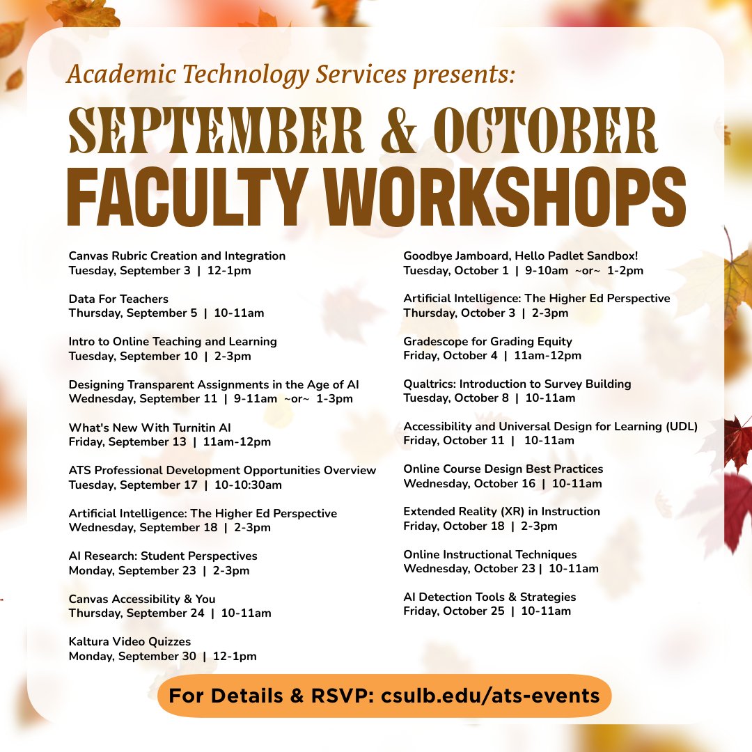 CSULBATS's tweet image. School&apos;s almost back in session!

Check out our fall faculty workshop line-up! Register at csulb.edu/ats-events to secure your spot before they fill up. 

#csulb #technology #techworkshops #longbeachstate #newsemester