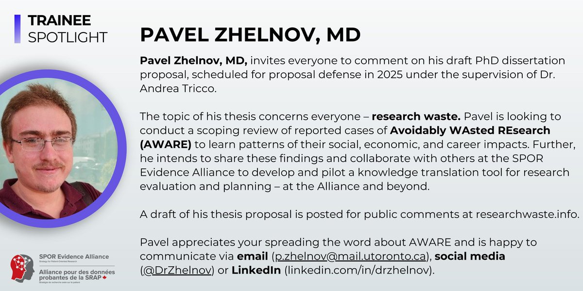 SPORAlliance's tweet image. Pavel Zhelnov, MD (@drzhelnov) invites everyone to comment on his draft PhD dissertation proposal (researchwaste.info) scheduled for defense in 2025.

Pavel is looking to conduct a scoping review of reported cases of Avoidably WAsted REsearch to learn about their impacts.