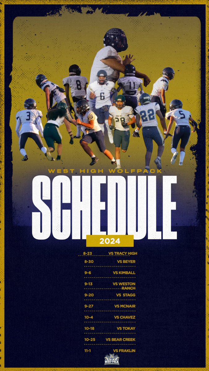 THIS FRIDAY !!!!!
Season Opener Friday at West High ! Cross City Rivals Tracy High vs West Wolfpack - JV 5PM - VAR 7PM
#BOOM