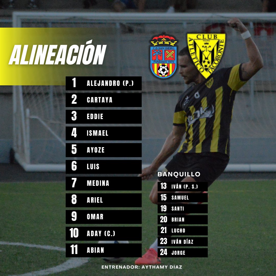 💛 ¡COMENZAMOS!

Alineación de nuestro #RegionalPreferente en la primera jornada de Liga contra el <a href="/CDRaquiOficial/">CD Raqui San Isidro</a>.  
 
📲 #VamosAvispones 🐝
#AtléticoTacoronte #RegionalPreferente