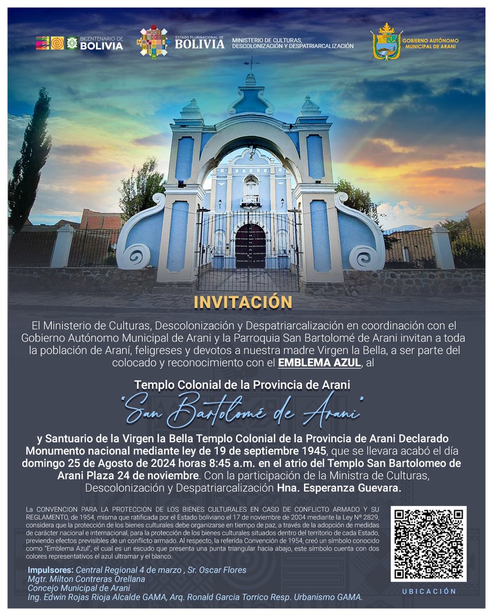CulturasBolivia's tweet photo. ¡Únete a la celebración de San Bartolomé de Arani! Este histórico templo, Monumento Nacional y Patrimonio Colonial de Cochabamba, ahora con “emblema azul”, será el centro de una jornada llena de cultura, música y historia. 
#UnidosRumboAlBicentenario #NuestraDiversidadNuestraFuer https://t.co/V9znHJ5PPf