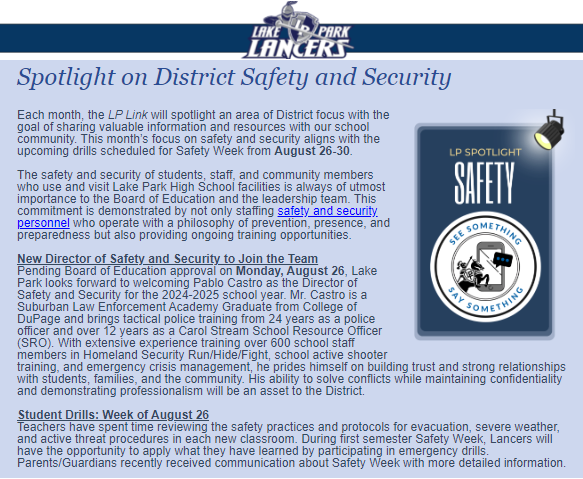 The first LP Link e-news for 2024-2025 is out! Read a Spotlight on District Safety &amp; Security , info about upcoming Curriculum Nights &amp; @LancerLibrary book fair, #LancerStories, free workshops offered through the <a href="/GPSParentSeries/">GPS Parent Series</a> &amp; more! conta.cc/4crgycs