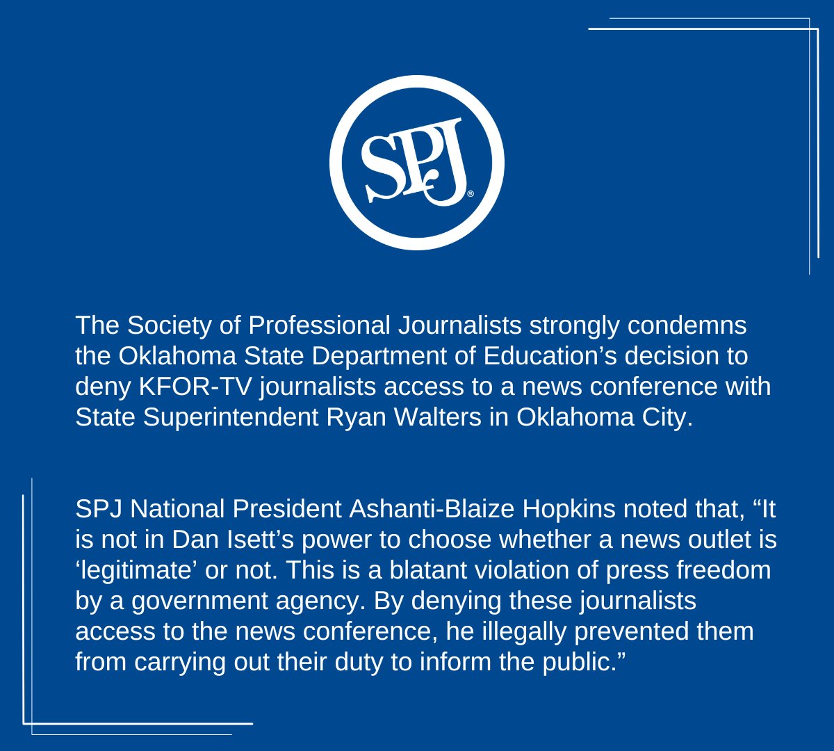 SPJ strongly condemns the Oklahoma State Department of Education’s decision to deny KFOR-TV journalists access to a news conference with State Superintendent Ryan Walters in Oklahoma City.

Read our full statement: spj.org/news.asp?ref=3…