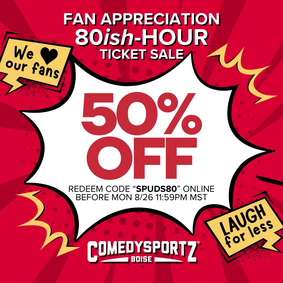 cszboise's tweet photo. 80ish HOURS to score this deal.
7 DAYS until you can laugh your face off.
3 out-of-state ALL-STARS are ready to share their funny with you.
1 MATCH to bring all your favorite peeps together.
(Plus GIVEAWAYS and SPECIAL ANNOUNCEMENTS!)

GET TIX: https://t.co/TlssO8i0Ya. https://t.co/7VHsT5Iw6H
