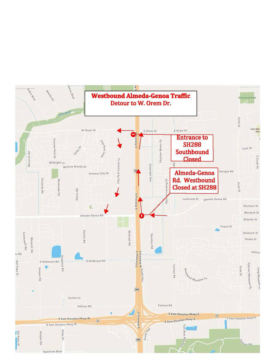 drive288's tweet photo. Nightly closures on 8/27-8/29 and 9/3-9/5 from 9p to 5a. SH 288 SB at Almeda-Genoa Rd and  Almeda-Genoa Rd to EB/WB
Total Closure 9/6 9p thru 9/9 5a of  SH 288 Southbound at Almeda-Genoa Rd.,  and Almeda-Genoa Rd. EB/WB.  SB Entrance Ramp from Orem Blvd to SH 288 will be closed https://t.co/VHTGdTqvZn