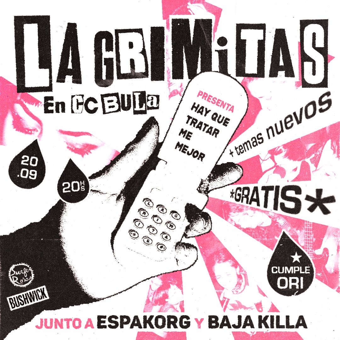 VUELVE LAGRIMITAS. EN VIVO.
El 20/9 vengan a acompañarnos GRATIS en Bula a festejar el lanzamiento en plataformas de nuestro primer EP “Hay que tratarme mejor” y el cumple de Ori 💕
flyer x @xxsmini y <a href="/s/">『S』</a>.i.u.m.a (en ig)

<a href="/Surferrosass/">Surfer Rosas </a>