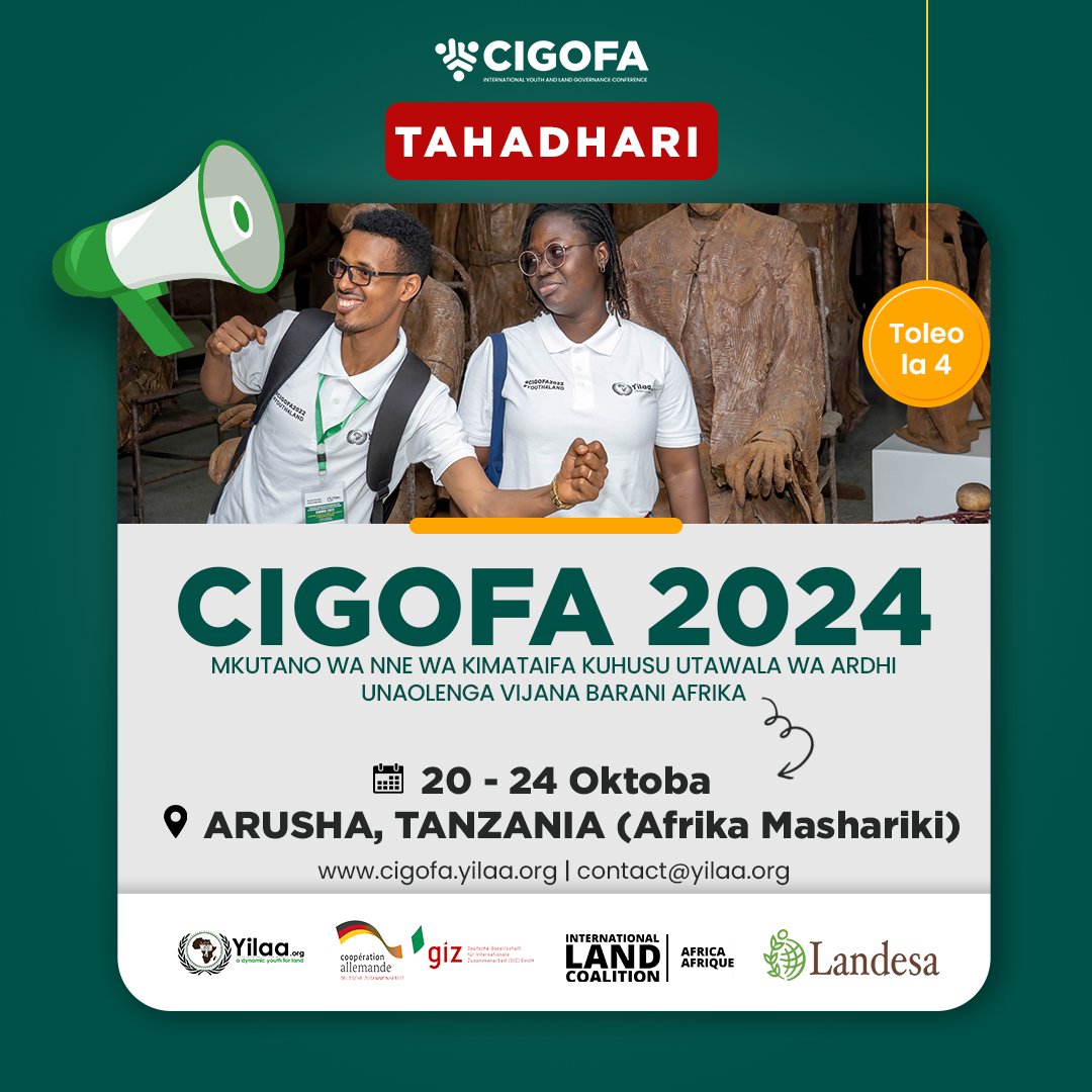 The CIGOFA 4 is happening in Tanzania, from October 20-24, 2024 ! This year’s theme: "Acceleration of Youth Land Rights." Don’t miss the chance to be part of this vital discussion! Save the date and register now. #CIGOFA4 #YouthLandRights #Africa #LandGovernance #FutureLeaders
