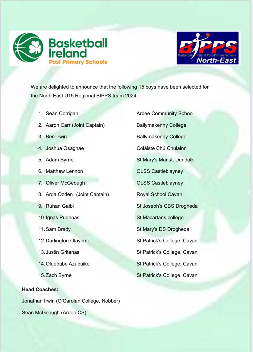 Congratulations to the U-15 Boys picked for the NE Regional Team. Coaches Jonathan and Sean had the unenviable task of finalising this squad for October’s Inter Regional Tournament and expect the team to showcase its depth of talent which is a credit to all coaches in the region.