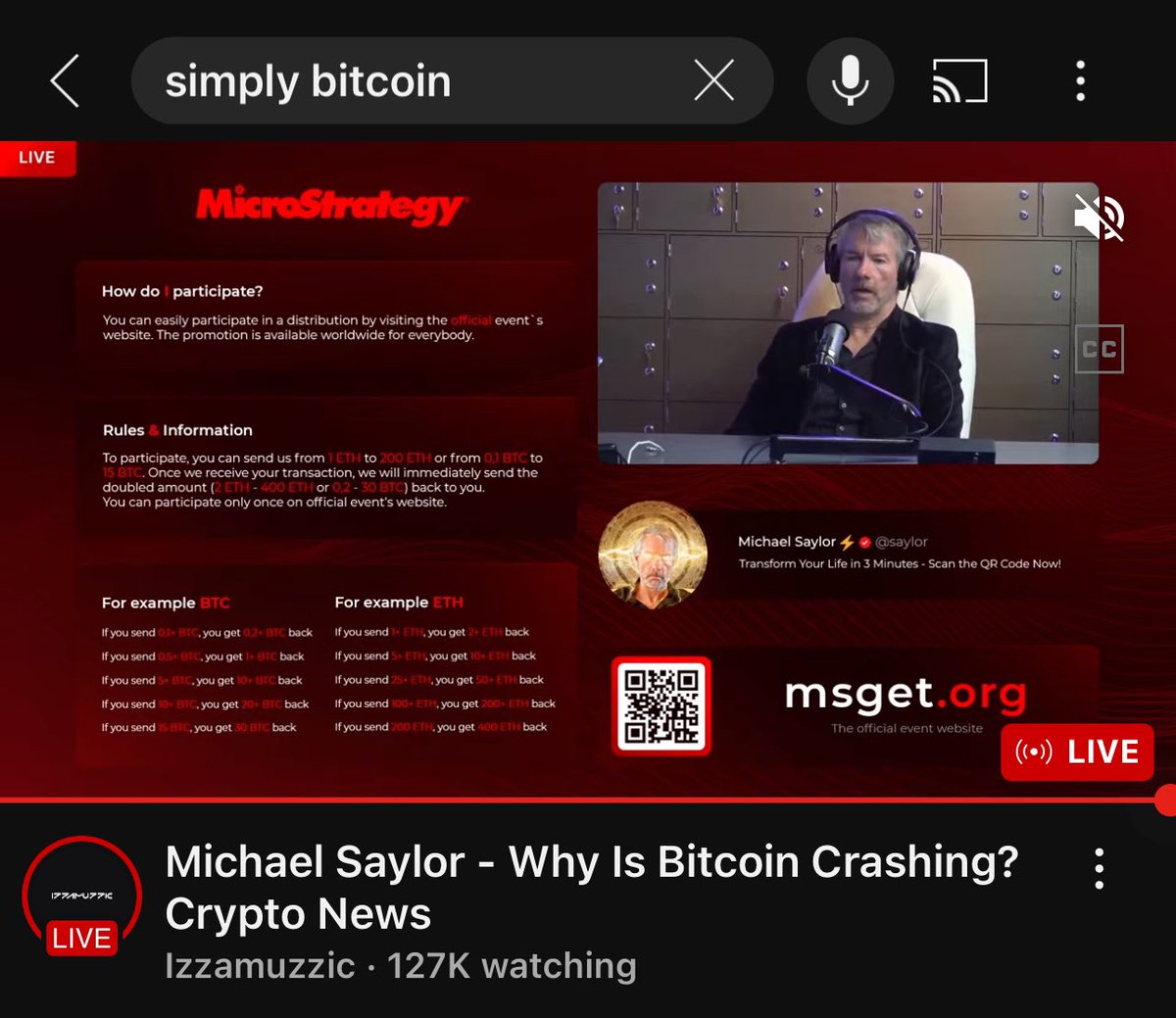 If you search Simply Bitcoin on YouTube right now instead of getting our channel you literally get a scam stream with 127k live viewers.

How does this “protect” the YouTube community?