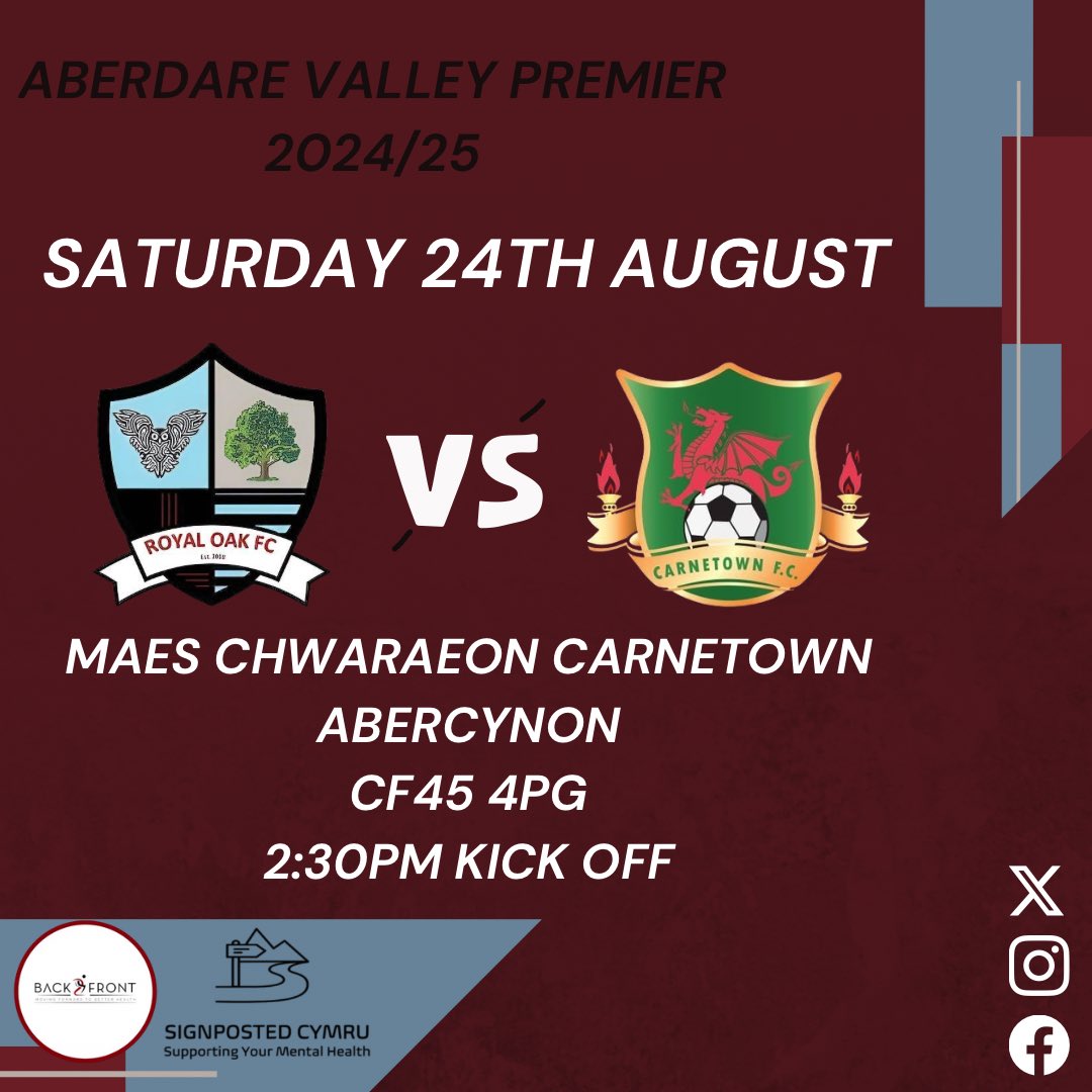 Royal Oak FC (@royal_oakfc) on Twitter photo We now focus on tomorrow match against <a href="/CarnetownFC/">Carnetown FC</a>
As we look to follow up on Wednesday result vs Cwmbach Royal Stars. Another strong performance is needed⚽️
📅 Saturday 24th August
⏰ 2:30 PM Kick Off
📍 Maes Chwaraeon Carnetown
Abercynon
CF45 4PG We now focus on tomorrow match against <a href="/CarnetownFC/">Carnetown FC</a>
As we look to follow up on Wednesday result vs Cwmbach Royal Stars. Another strong performance is needed⚽️
📅 Saturday 24th August
⏰ 2:30 PM Kick Off
📍 Maes Chwaraeon Carnetown
Abercynon
CF45 4PG