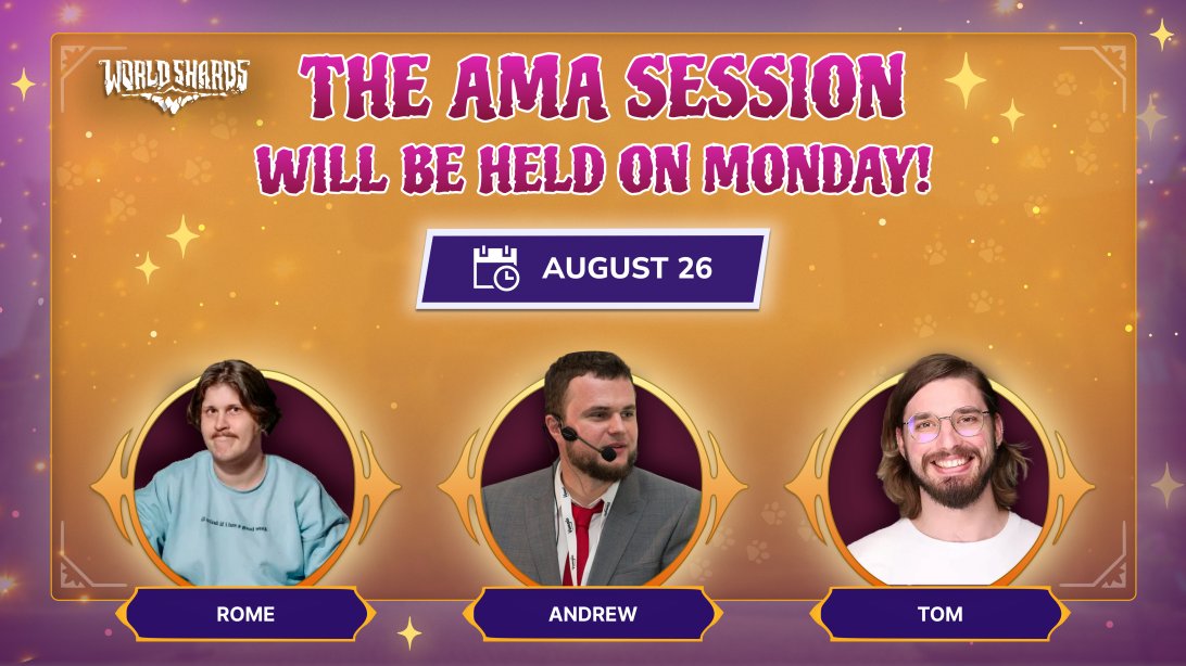Murlandia adventurers! 👋

Catch this AMA that will be held on August 26 at 16:00 UTC in <a href="/WorldShardsGame/">WorldShards | Wishlist on Steam</a>'s Discord. discord.gg/SJvvSfZt

Join the AMA session so that you don't miss out on all the important information 😉🔥