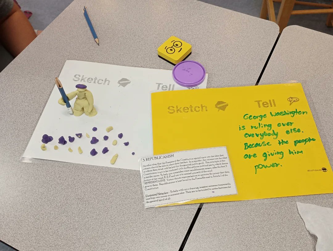 ChroniclesMommy's tweet photo. Today in civics...students showed their understanding of vocabulary by summarizing as they read, sketched, and explained to a peer! 
I ❤️ seeing their creations and hearing their explanations.
@AMSWildcats @eduprotocols https://t.co/f3uM0KXueF