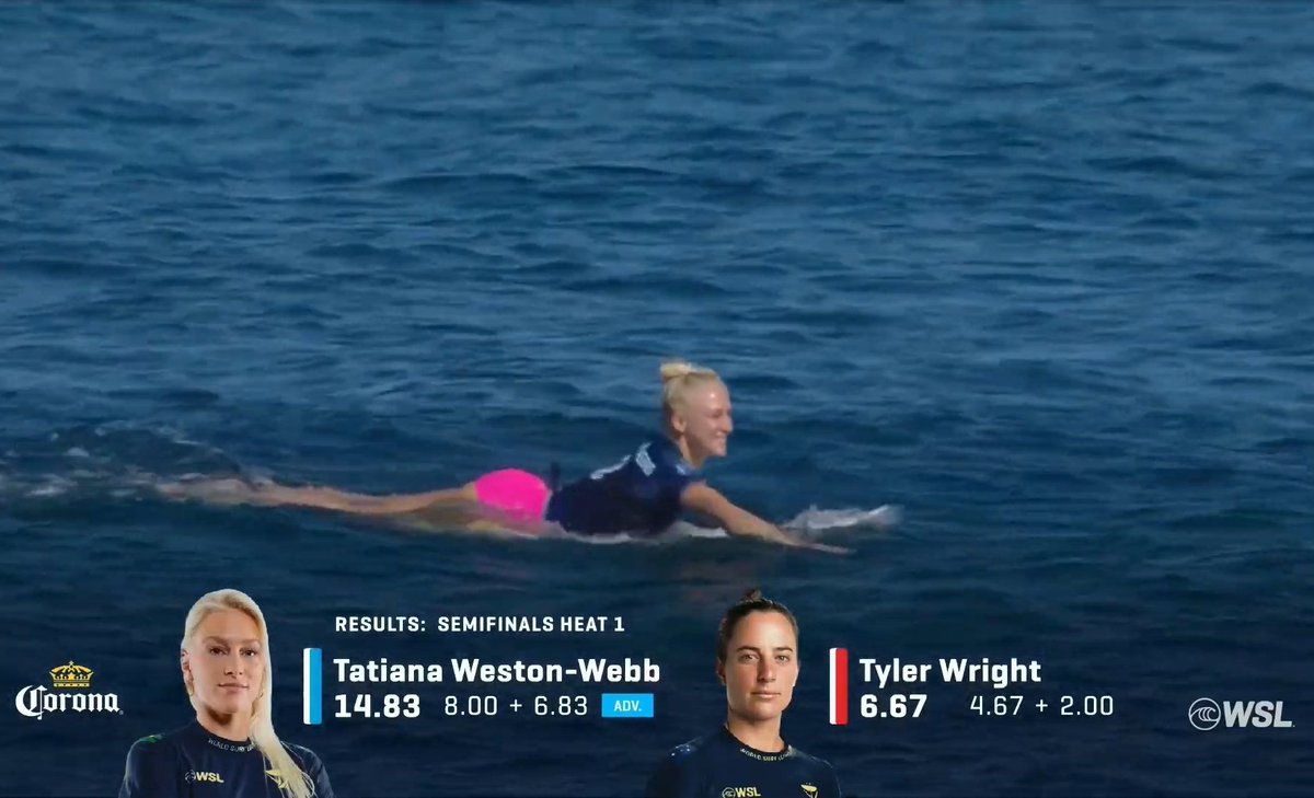 SurfNewsBrasil's tweet photo. TATIANA WESTON-WEBB DERRUBA TYLER WRIGHT E GARANTE VAGA NO WSL FINALS!!!!! VAMOOOOOOOOS 🇧🇷 https://t.co/Wx02tXYixp