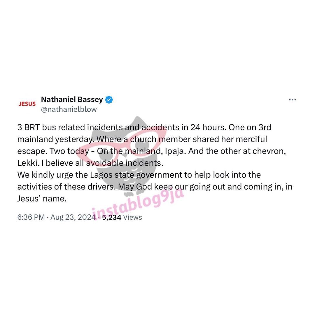instablog9ja's tweet image. Pastor Nathaniel Bassey writes Lagos State Government after three BRT buses had accidents in 24 hours