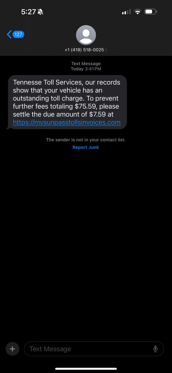 ryanthalverson's tweet photo. Since there are no toll roads in TN and the Sunpass is actually for Florida, I’m guessing this is the new scam. Watch out for their texts. https://t.co/c4Tw4tX53C