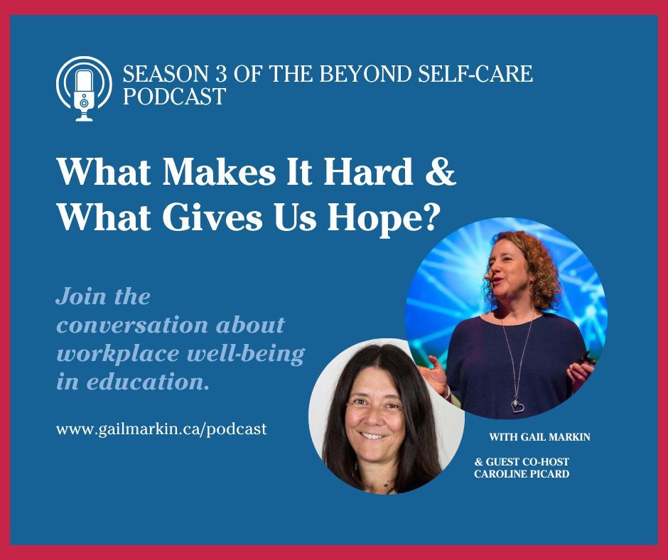 MarkinGail's tweet image. So excited to launch Season 3 of the Beyond Self-Care Podcast. Please join us in the conversation! Find wherever you listen to podcasts - or here: buff.ly/3yMI0nh
With @caropicard 
#education
#wellbeingforeducators
#workplacewellbeing
#leadershipdevelopment
#systemschange