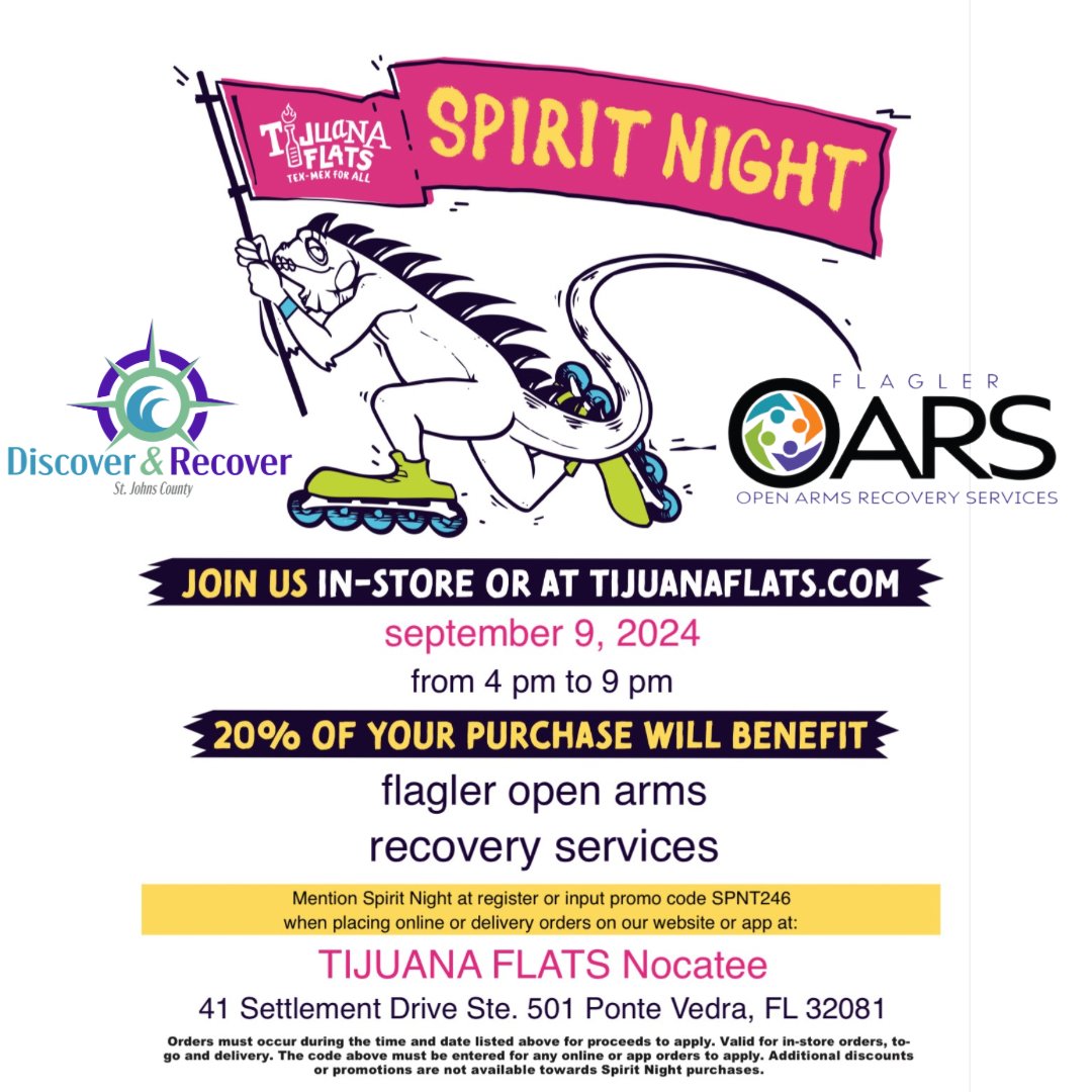 FlaglerOars's tweet image. 🌮 Join us for Tijuana Flats Spirit Night! Show your support by dining in, ordering online, or via app to receive 20% off on Sep 9 from 4-9PM at Tijuana Flats Nocatee. Mention "Spirit Night" or use code SPNT246! 🌟 #flagleroars #discoverandrecover #staug
🔗bit.ly/3yGbgw5