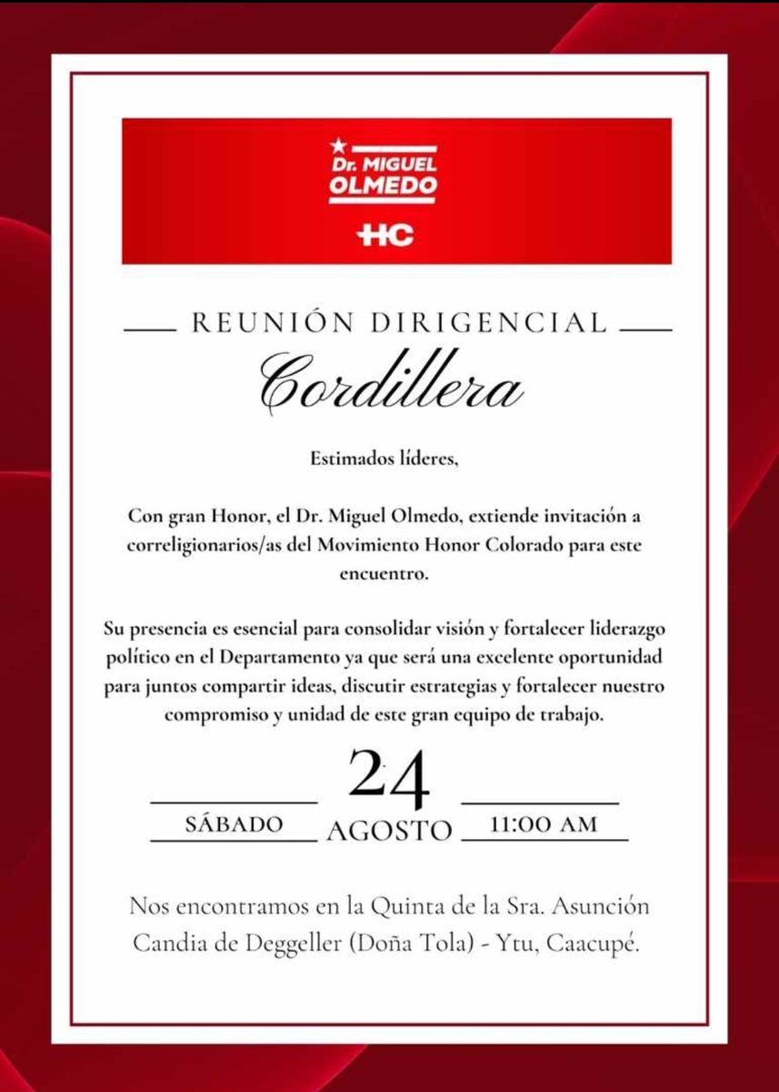 OviedoFidel's tweet image. El dr @MiguelOlmedo_Py, impulsa un encuentro entre autoridades y principales dirigentes militantes del movimiento Honor Colorado de Cordillera ,con miras a elecciones municipales del 2026. De esta manera se apunta a mantener activa a bases partidarias.
Será mañana 👇📝