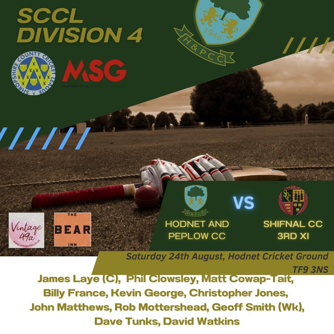 Hodnet and Peplow Cricket Club (@hodnetpeplowcc) on Twitter photo Its matchday again tomorrow in <a href="/mansfieldsportg/">Mansfield Sports Group</a> <a href="/ShropCCLeague/">ShropshireCCLeague</a> Div 4 as we welcome <a href="/ShifnalCC/">Shifnal Cricket Club</a> 3rds to Hodnet for a 1pm start. Here's our XI, including a 1st match of the year for stalwart Billy France, a debut for Chris Jones & thanks to <a href="/AlbrightonCC/">AlbrightonCC</a> for the loan of Dave Watkins Its matchday again tomorrow in <a href="/mansfieldsportg/">Mansfield Sports Group</a> <a href="/ShropCCLeague/">ShropshireCCLeague</a> Div 4 as we welcome <a href="/ShifnalCC/">Shifnal Cricket Club</a> 3rds to Hodnet for a 1pm start. Here's our XI, including a 1st match of the year for stalwart Billy France, a debut for Chris Jones & thanks to <a href="/AlbrightonCC/">AlbrightonCC</a> for the loan of Dave Watkins