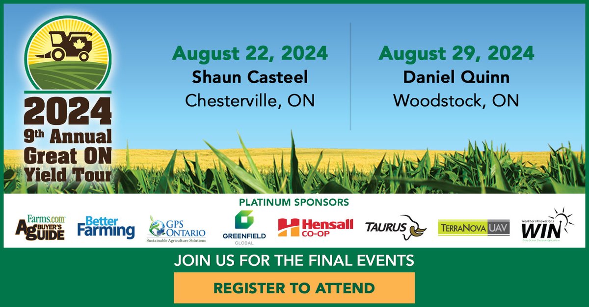 Registered for #ONYield24 Final Event in Woodstock, Ontario?
 
Luckily, there's still time ⌛️

Deadline to Register is August 26 📅
 
Register here: riskmanagement.farms.com/events/ontario…
 
✓ WIN BIG — $5,000 in prizes
✓ Gain valuable insights
✓ Guest speaker, <a href="/PurdueCorn/">Dan Quinn</a> 
✓ and much more!