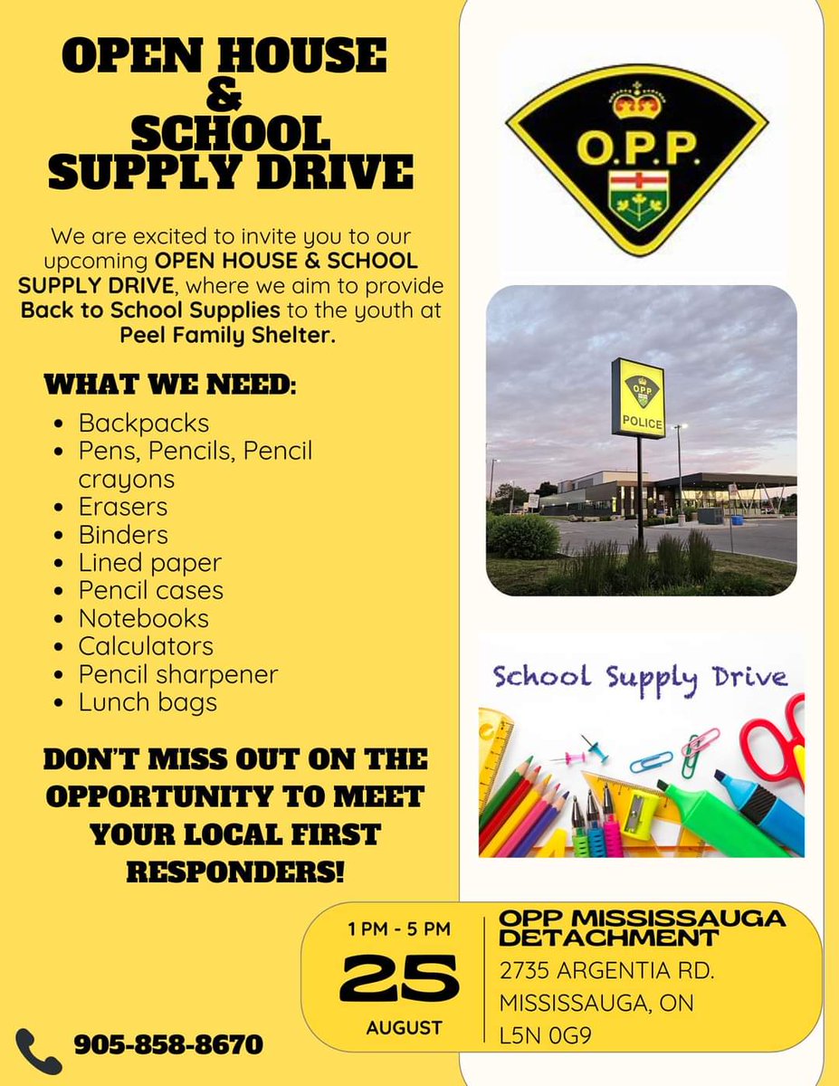 OPP_HSD's tweet image. #MississaugaOPP Open House in Support of Peel Family Shelter and School Supply Drive 

- Sun August 25 at 1:00 pm - 5:00 pm
- Mississauga OPP detachment at 2735 Argentia Rd
- Come out and meet members of the OPP’s Canine Unit, Recruitment Unit and UCRT - Urban Search and Rescue &amp;amp;…