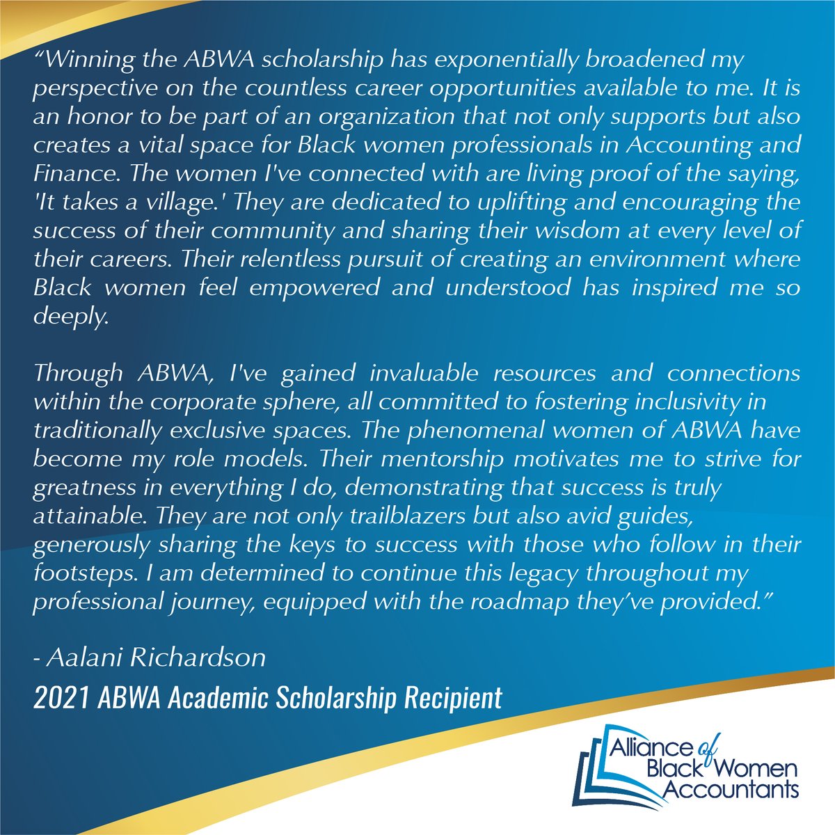 AllianceofBWA's tweet photo. Do you know a future finance and accounting leader?

Invite her to apply for the 2024 ABWA Academic Scholarship

Our scholarships are more than just financial support; they’re an invitation to join a supportive community

APPLY HERE  https://t.co/IRpXZNvhX8

DEADLINE IS  9/20/24 https://t.co/WbjxtMJ7bh