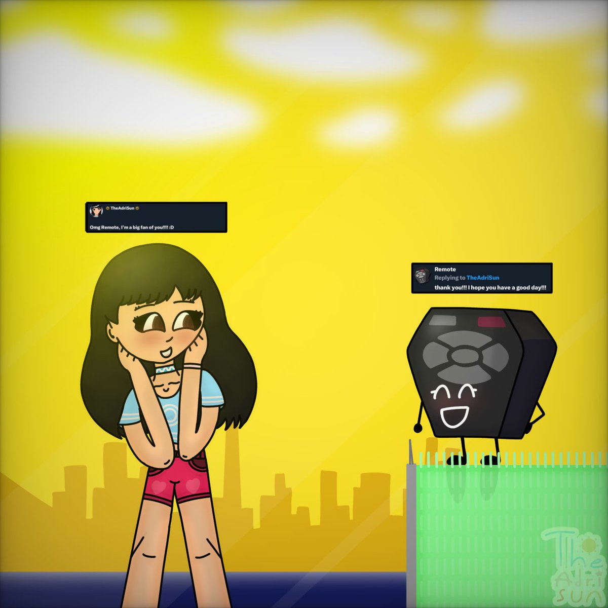 TheAdriSun's tweet photo. Adriana and Remote finally meets up close to Yoyle City!! :D ๐ค๐ฉต
( #artists #art #artistontwitter #theadrisun #drawing #artmoots #trans #transartist #remote #remotebfdi #osc #osctwt #bfdi #bfdia #objectshowcommunity ) https://t.co/Pvgg4b4sDF