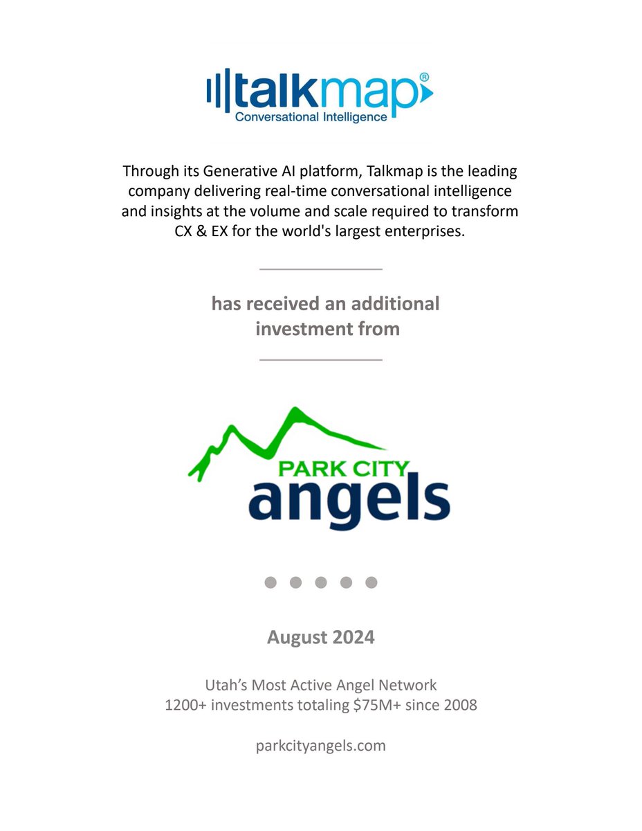 PCAngelNet's tweet photo. Park City Angels is excited to announce that our members have made an additional investment in Talkmap!  https://t.co/IDtxG2RGAr

#venturecapital #growth #startups #investment #parkcity #parkcityutah #TalkMap #innovation #angelinvesting https://t.co/CgZEW0wshO