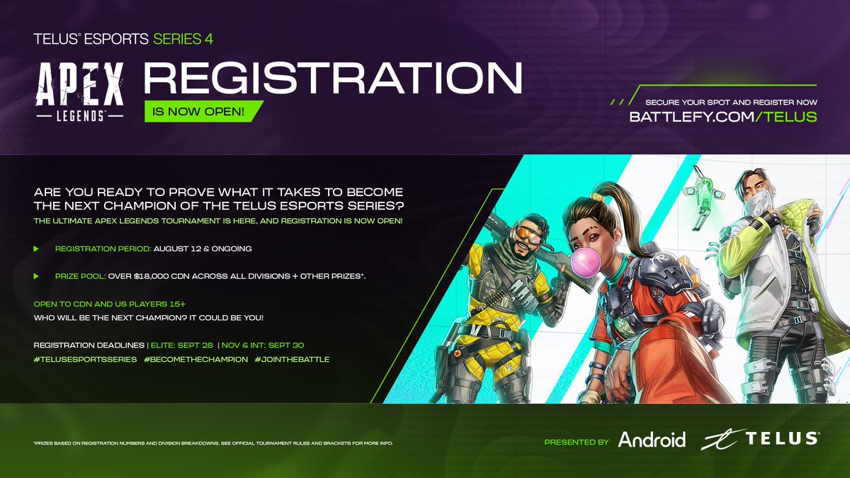 TheDSAGroup's tweet photo. Welcome to the TELUS Esports Series 4 presented by Android 

We’re working with @TELUS to bring back this tournament series for Apex, Rocket League &amp; its newest addition, VALORANT!

3 Skill Divisions - All Games
🔹Novice
🔹Intermediate
🔹Elite

Register: https://t.co/fdFIAxTjK7 https://t.co/mzAvkzpRJp