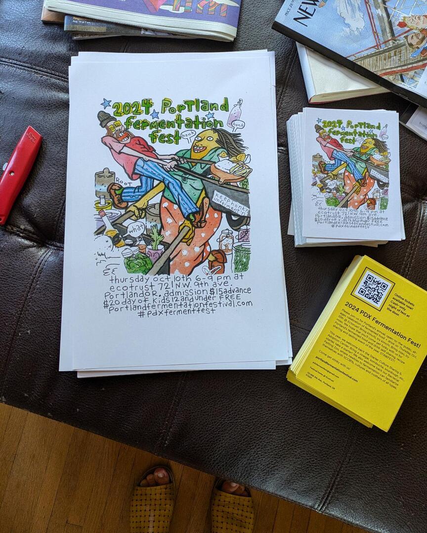 foodloverPDX's tweet photo. This year's @pdxfermentfest posters and postcards just arrived! Bright and full-color with @dink_rinkle art and all the good Stinkfest details for THURSDAY, OCTOBER 10th 6-9pm at @ecotrust. Online tickets available soon for #pdxfermentfest ❤️⚡🦠🔪 HAPPY… https://t.co/rgEM6MwzRf https://t.co/hA5Ayj5slj