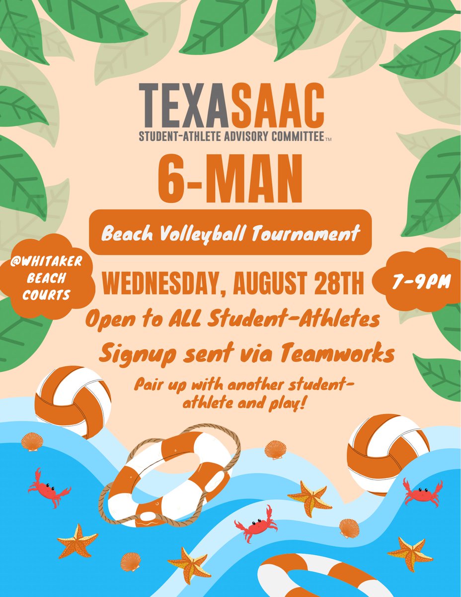 TexasSAAC's tweet image. Join the fun at our 6-man Volleyball Tournament! Sign up with a partner and team up with other student-athletes. Check your Teamworks for the Sign-Up link. Show your skills and make new friends on the court or come to cheer on your fellow student-athletes!
Hook โem!๐๏ธ๐๐ค๐ผ
