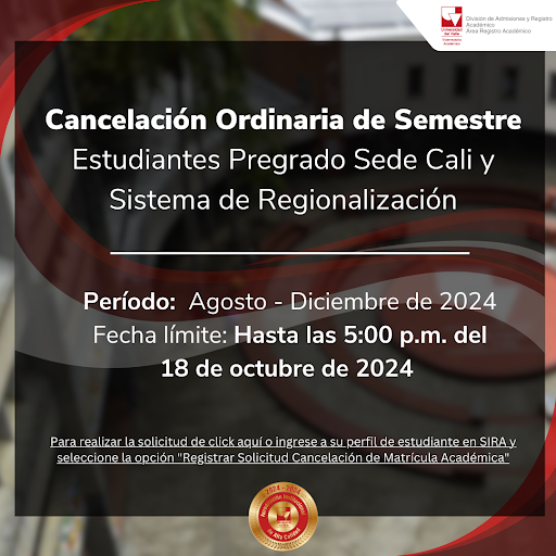RegistroUV's tweet photo. ¡Para estudiantes de Pregrado Sede Cali y Sistema de Regionalización!  📷
Ya se encuentra habilitada la recepción de Solicitudes de Cancelación Ordinaria de Semestre
Para más información acerca del proceso ingresa al siguiente enlace: https://t.co/89qUbxY3SS https://t.co/qxDSMpXKVl