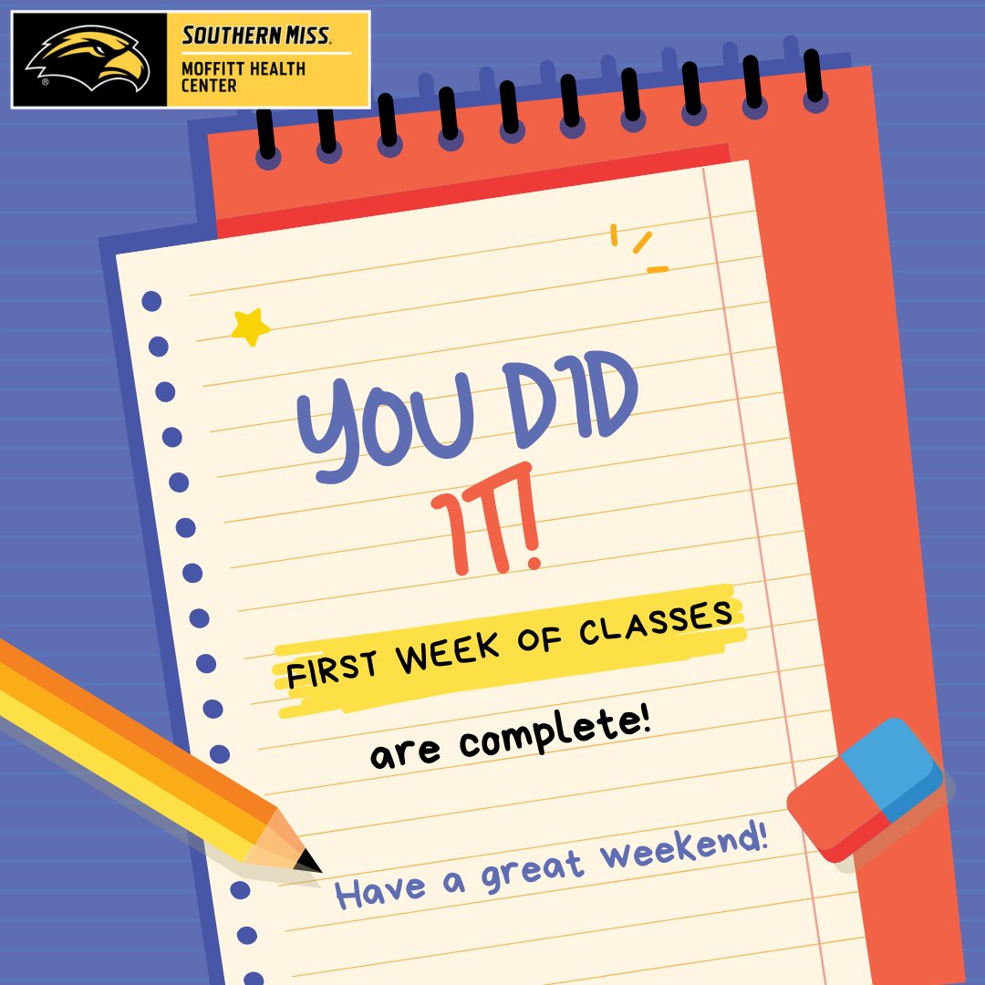 USMhealth's tweet photo. π Congrats on completing your first week of classes, Eagles! You've navigated new schedules, met new faces, and started fresh. Take a moment to celebrate your achievements and gear up for the exciting journey ahead. Keep up the great work! π¦
#EndOfFirstWeek #USM #GoldenEagles https://t.co/HApx3AT2ZQ